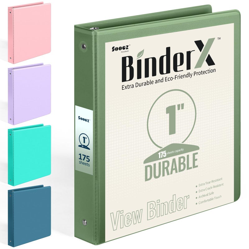 سويز BinderX متين للغاية مكون من 3 حلقات، حلقات دائرية مقاس 1 بوصة، يناسب 175 ورقة من ورق مقاس 8.5 × 11، غطاء عرض قابل للتخصيص مع جيوب داخلية، مجلدات لطيفة مقاس 1 بوصة، مجلدات مقاس 1 بوصة 3 حلقات، أخضر زيتوني - Image 1